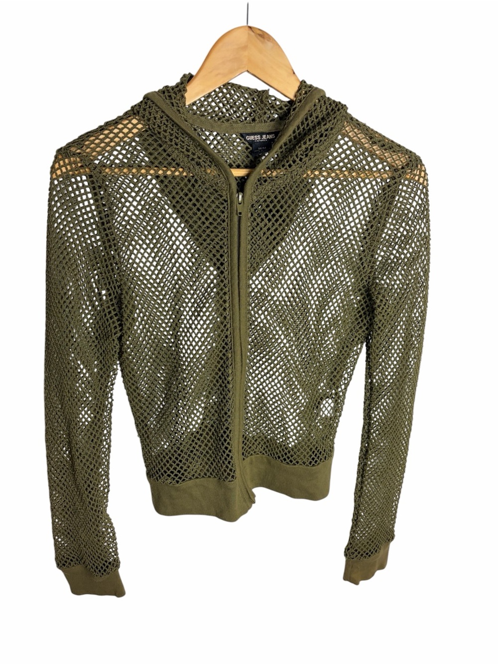 Y2K Guess Jeans olive mesh net sheer hoodie zip front jacket  USA size M